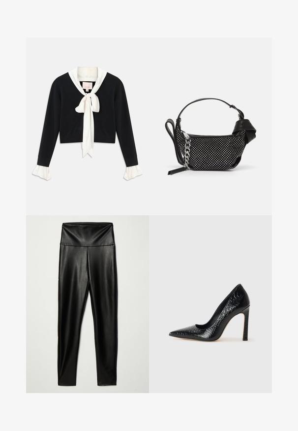 Black long-sleeve cropped sweater with attached white collar, front bow tie, and white ruffled cuffs on sleeves.; Black faux leather leggings with a high waistband, featuring a smooth texture and a fitted silhouette, extending to ankle length.; Black pointed-toe high heel shoe with a crocodile-skin texture, featuring a sleek design, high stiletto heel, and smooth black interior.; Black handbag with a textured design, adorned with silver studs and a chunky silver chain strap. Features a sleek, minimalist shape.