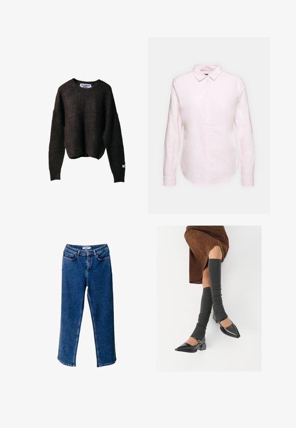 Brauner Strickpullover mit lockerer Passform, runder Ausschnitt und gerippten Bündchen. Mit einem Etikett "COLORFUL REBEL" an der Seite.; Hellrosa Langarmhemd mit Button-Down-Kragen, geradem Saum und weicher Textur, aus leichtem Baumwollstoff gefertigt.; Blaue Denim-Jeans mit weitem Bein und hoher Taille, ausgestattet mit frontalen Taschen, kontrastierenden Nähten und einer lässigen Passform.; Schwarze lacklederne spitze Schuhe mit Blockabsatz und Knöchelriemen, kombiniert mit grauen gerippten Beinstulpen und einem braunen Wildlederrock.