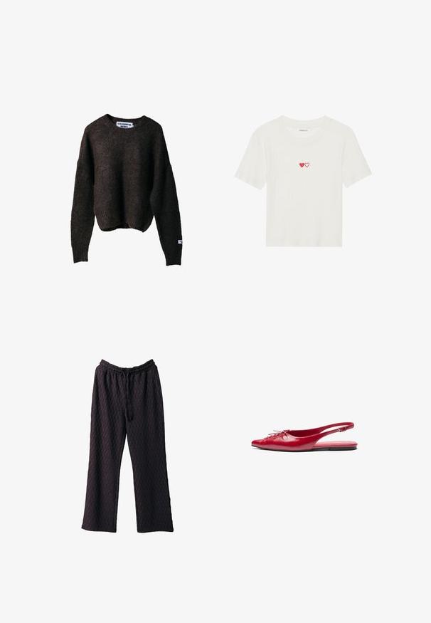 Kohvane kudumitega sviiter, millel on mugav lõige, ümmargune kaelus ja ribaga mansetid. Küljel on silt, millel on kirjutatud "COLORFUL REBEL".; Valge ribaga lühikeste varrukatega T-särk, millel on rinna peal kaks punast südant, mis on tikitud. Pehme kangas klassikalise ümmarguse kaelusega.; Tumesinise pika varrukaga nööbitav särk, millel on tekstuuriga disain koos peene diamond mustriga ja kumer hem.; Tumedate lilla laiad püksid, mis on valmistatud tekstureeritud kangast, elastse vöökoha ja reguleeritava kinnituse abil.; Punane nahast slingback tasane king, millel on terav nina ja dekoratiivne nöördetail ees, õhuke pahkluu rihm ja litte talla.