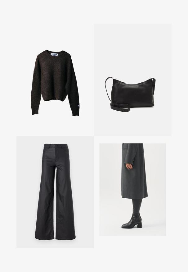 Brown knitted sweater with a relaxed fit, round neckline, and ribbed cuffs. Features a tag with "COLORFUL REBEL" on the side.; Black, wide-leg pants in a faux leather material. Features a high waist, belt loops, two front pockets, and stitched detailing.; Gray, tailored overcoat with a straight cut; paired with knee-high black leather boots featuring a square toe and chunky heel.; Black leather shoulder bag with a smooth texture, curved shape, adjustable strap, and a zip closure. Minimalist design without embellishments.