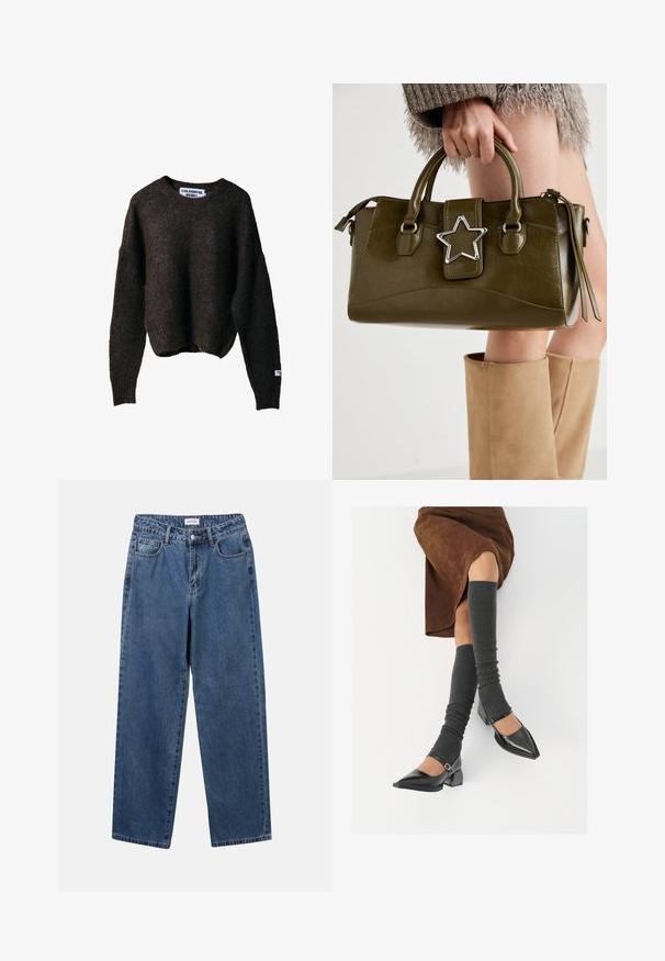 Pulover tricotat de culoare maro, cu o croială lejeră, guler rotund și mansete cu o textură ribată. Prezintă un etichetă cu "COLORFUL REBEL" pe lateral.; Jeans clasice din denim albastru, cu un design drept, cinci buzunare și închidere cu nasture. Prezentând o spălare medie și o textură rezistentă.; Pantofi negri din piele lacuită, cu vârful ascuțit, toc bloc și curea la glezna, asortați cu jambiere gri cu nervuri și o fustă din suede maro.; Geantă din piele ecologică de culoare verde măslin, cu accent din stea argintie, două mânere și închidere cu fermoar. Suprafață texturată și formă structurată.