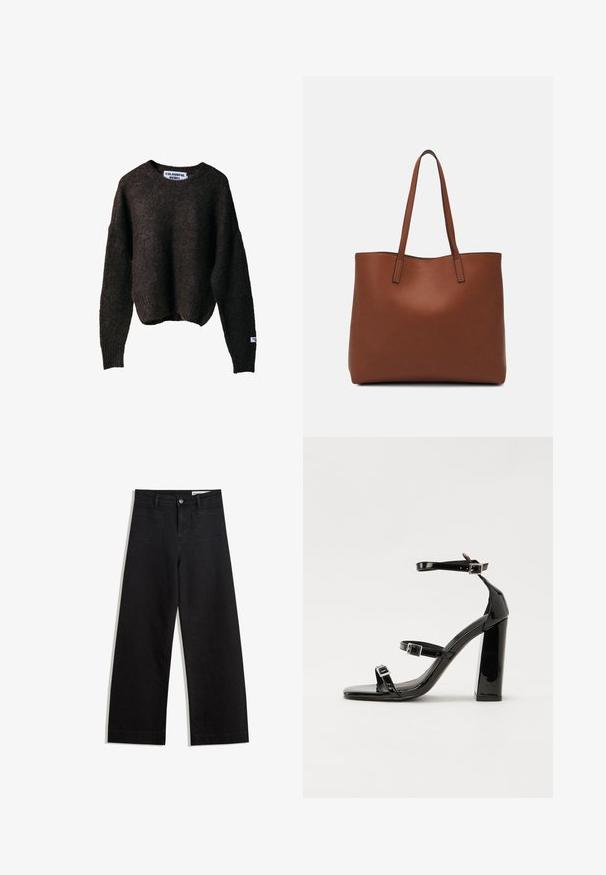 Brun stickad tröja med en avslappnad passform, rund halsringning och ribbade muddar. Har en etikett med "COLORFUL REBEL" på sidan.; Svarta vida denimbyxor med hög midja, med fram- och bakfickor, sydda sömmar och knappstängning. Slät textur.; Svarta lackerade högklackade sandaler med två spännband, fyrkantig tå och en tjock klack, med en slät och glansig yta.; Brun läder tote-väska med en slät textur, öppen toppdesign och två axelremmar. Har minimal söm och ingen synlig metalldetalj.