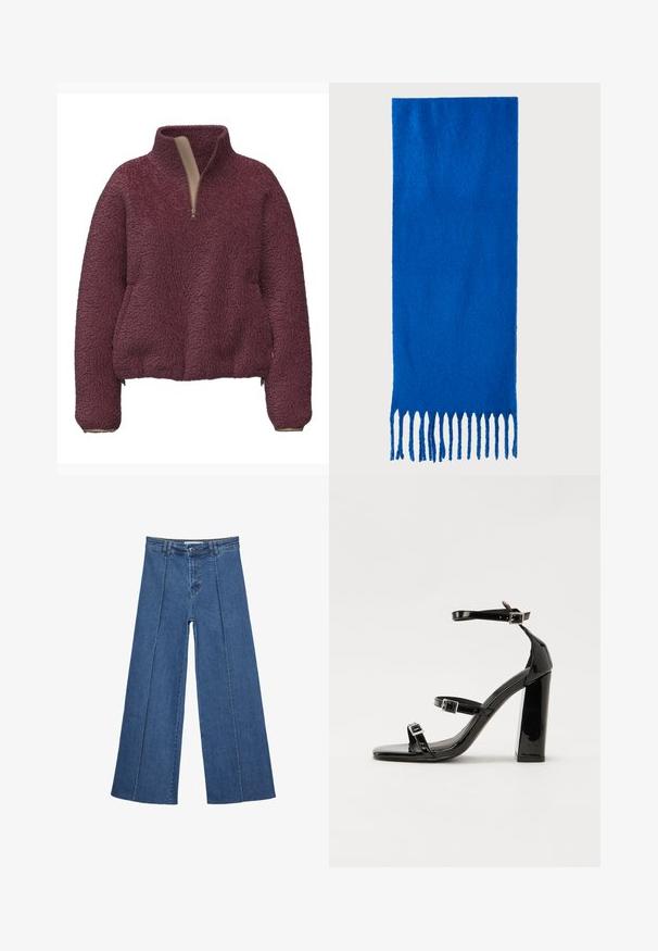 Burgundski pulover iz flisa z visokim ovratnikom, sprednjim polovičnim zadrgo in elastičnimi manšetami. Mehka tekstura in sproščen kroj z žepki na straneh.; Jeans širokih nogavic v srednji modri barvi, z visokim pasom, gumbom in kontrastnimi navpičnimi šivi spredaj.; Črne lakaste sandale z visokimi petami, z dvema trakovoma z zaponkama, kvadratnim sprednjim delom in masivno širšo peto, z gladko, sijočo teksturo.; Modra šal s frinčo iz mehkega materiala; ima enotno barvo s teksturirano površino in enakomerno rezane frinče na dnu.; Črna usnjena torbica s ukrivljeno obliko, z odstranljivo naramnico in zlatimi dodatki. Torbica ima pokrov s podrobnostmi v obliki zaponke.