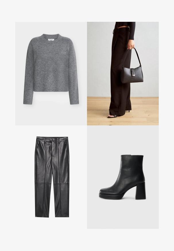 Jersey de punto gris con cuello redondo, mangas largas y diseño corto. Textura suave y brillo sutil. Etiqueta visible en el interior.; Pantalones de cuero negros con una textura suave, con un corte recto, dos bolsillos frontales y detalles de costura visibles.; Botín de cuero negro con tacón cuadrado y suela de plataforma, visto de lado sobre un fondo blanco liso.; Bolso negro con forma estructurada, textura suave y un cierre metálico. Combinado con pantalones anchos negros y sandalias de dedo en un suelo de madera.