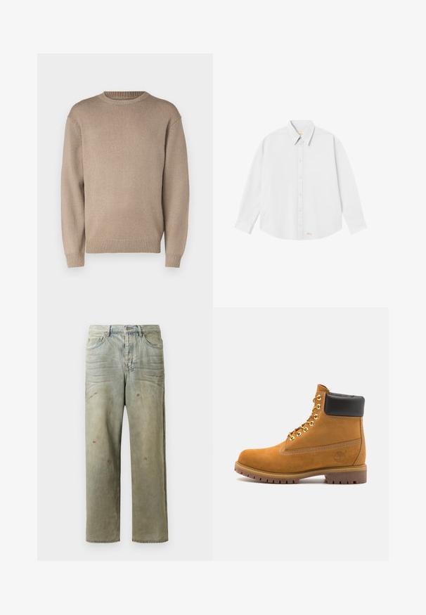 Beige knitted sweater with a round neck, long sleeves, and ribbed cuffs and hem; smooth texture with a uniform pattern.; White button-up shirt with a classic collar, long sleeves, and a rounded hem; features small orange logo at the bottom left side.; Distressed denim jeans in light green, featuring a straight leg, five-pocket design, and uneven fading with paint splatters.; Tan suede ankle boot with black padded collar, gold metal eyelets, white stitching detailing, and rugged rubber sole with pronounced treads.