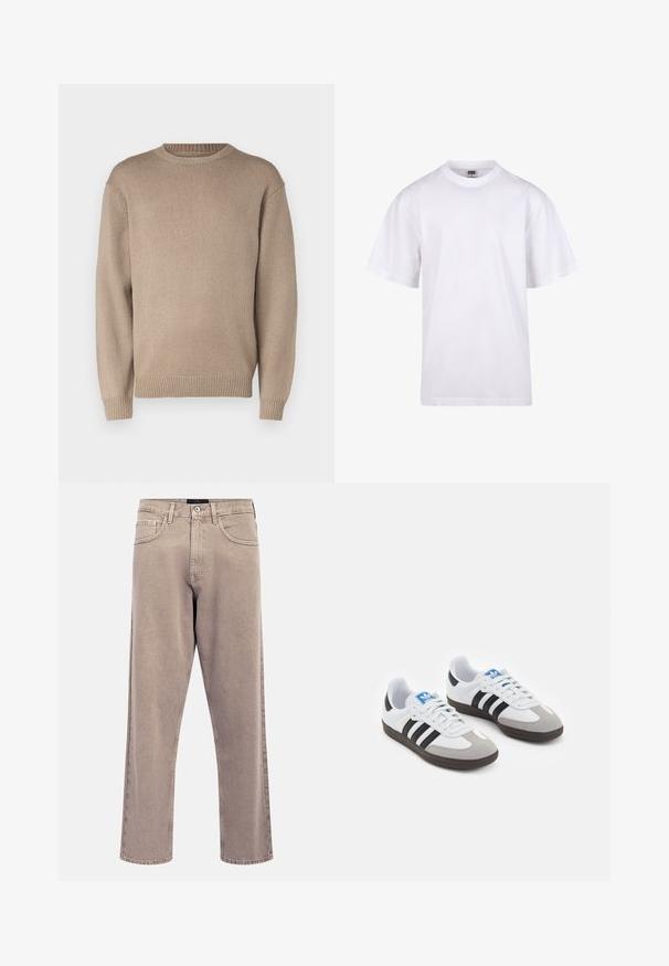 Beige gestrickter Pullover mit Rundhalsausschnitt, langen Ärmeln und gerippten Bündchen und Saum; glatte Textur mit einheitlichem Muster.; Weißes Baumwoll-T-Shirt mit Rundhalsausschnitt, kurzen Ärmeln und lockerer Passform. Hat ein schlichtes Design ohne Muster oder Akzente.; Hellbeige Jeans mit geradem Bein, leicht verwaschener Textur, Fünf-Taschen-Design und Metallknopfverschluss. Auffällige Nahtdetails.; Sportschuhe mit einem Obermaterial aus weißem Leder, grauer Wildleder-Zehenkappe und drei schwarzen Streifen. Sie verfügen über ein blaues Logo auf der Zunge und eine strukturierte Gummisohle.