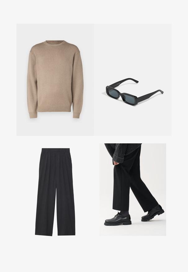 Beige gestrickter Pullover mit Rundhalsausschnitt, langen Ärmeln und gerippten Bündchen und Saum; glatte Textur mit einheitlichem Muster.; Weit geschnittene Hosen aus dunkelgrauem Stoff. Merkmale sind Falten an der Taille, ein maßgeschneiderter Schnitt und eine gerade Silhouette.; Schwarze Lederschuhe mit einer runden Spitze, Schnürdesign und dicker, strukturierter Sohle. Getragen mit maßgeschneiderten schwarzen Hosen und einem gerippten Pullover.; Schwarze rechteckige Sonnenbrille mit dunklen Gläsern. Glänzender Rahmen, gerade Bügel mit leichter Krümmung. Minimalistisches Design, keine Verzierungen.