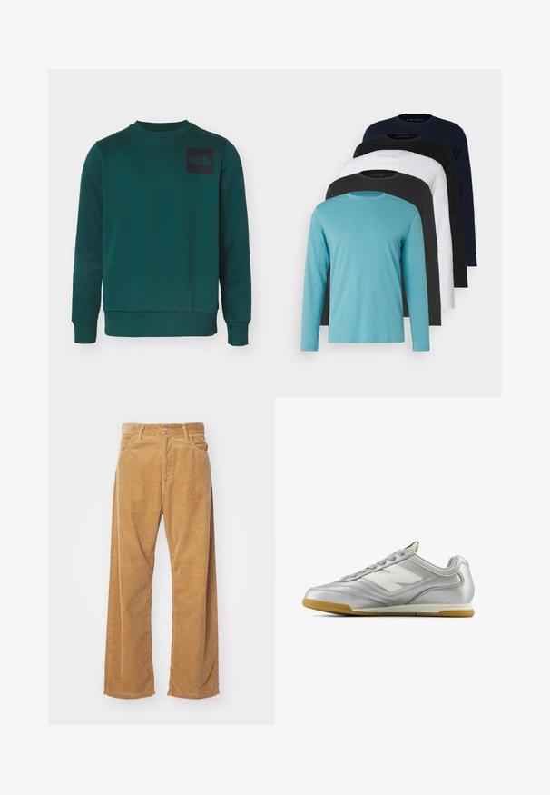Zelená mikina vyrobená z mäkkej tkaniny, s okrúhlym výstrihom, dlhými rukávmi a čiernym logom na ľavej hrudi.; Päť tričiek s dlhým rukávom v rade: tyrkysová, čierna, biela, tmavošedá a námornícka modrá. Mäkká látka s kruhovým výstrihom a štandardným strihom.; Bavlnené wide-leg nohavice v bezovej farbe. Majú textúrované vertikálne pruhy, klasický pás a dve predné vrecká.; Strieborná atletická topánka s hladkým, lesklým povrchom, bielym logom na boku, štruktúrovanými šedými šnúrkami a gumovou podrážkou.