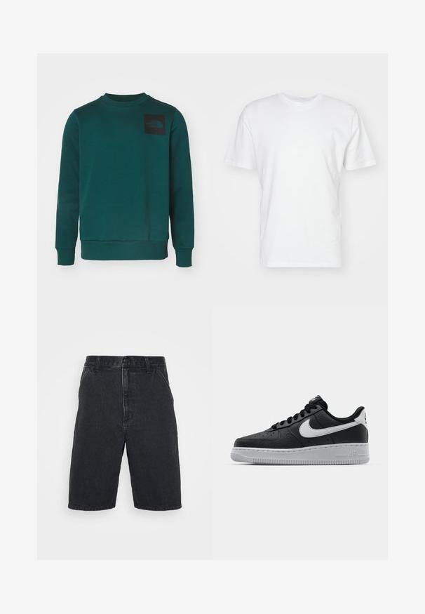 Hanorac verde dintr-un material moale, cu guler rotund, mâneci lungi și o etichetă cu logo negru pe partea stângă a pieptului.; Tricou alb din bumbac cu mâneci scurte, decolteu rotund și o textură netedă. Design simplu, fără modele sau grafice.; Şorturi negre din denim cu croială dreaptă, având închidere cu buton și două buzunare laterale. Margine incompletă cu detalii subtile de decolorare.; Sneaker din piele neagră, cu o suprafață texturată, swoosh alb de la Nike, talpă gri, bot rotund și sistem de șireturi. Prezintă perforații în zona vârfului.