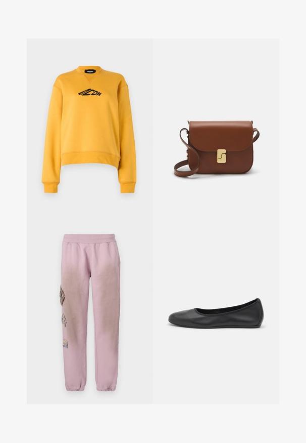 Gelbes Sweatshirt mit langen Ärmeln und Rundhalsausschnitt. Mit einem schwarzen Logo auf der Vorderseite. Hergestellt aus weichem, strukturiertem Stoff. Abgerippter Saum.; Weißes kurzärmliges T-Shirt aus geripptem Stoff. Runder Halsausschnitt, normale Passform und dezente Nähte. Keine Muster oder Grafiken.; Rosa Sweatpants mit elastischem Bund, verziert mit dekorativen Patches in Diamantform auf der linken Seite und elastischen Bündchen an den Knöcheln.; Schwarze Leder-Ballettschuhe mit abgerundeter Spitze, glatter Textur, minimalen Nähdetails und einem flexiblen Sohlen-Design.; Braune Ledertasche mit Klappenverschluss, Beschlägen in Goldfarbe, einem Schultergurt und einer glatten Oberfläche. Kompakte rechteckige Form.