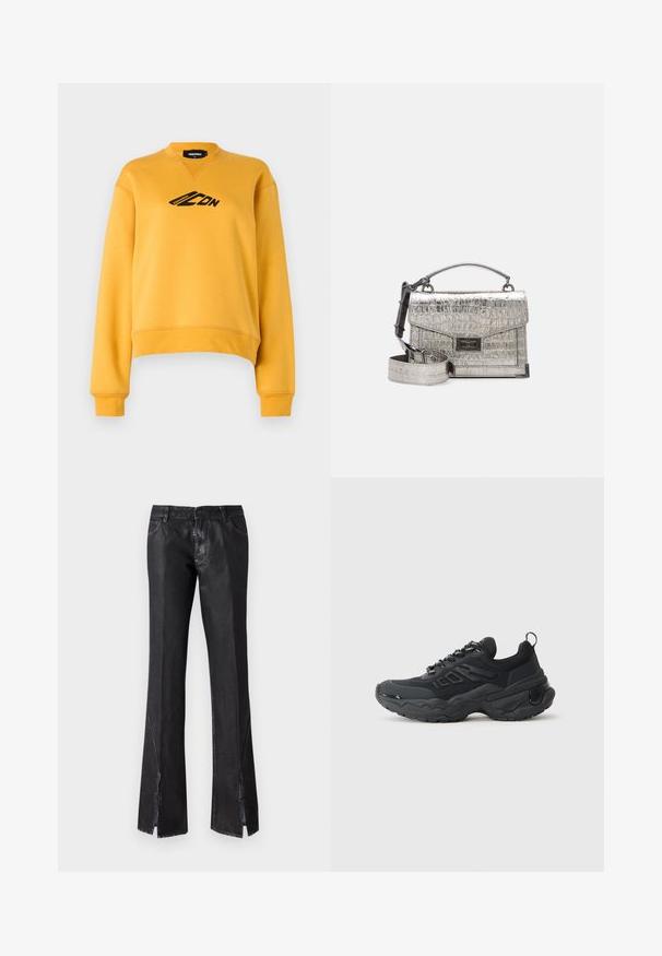 Felpa gialla con maniche lunghe e collo rotondo. Presenta un logo nero sul davanti. Realizzata in tessuto morbido e texturizzato. Orlo accorciato.; Pantaloni neri svasati con finitura lucida, dotati di due tasche frontali e spacchi vicino all'orlo, realizzati in tessuto resistente.; Scarpe sportive nere con una tomaia strutturata, suola resistente e un design spesso distintivo. Presentano lacci e un tassello sul retro.; Borsa a tracolla di colore argento metallizzato con una texture in coccodrillo. Dotata di una maniglia superiore, cinturino staccabile e forma rettangolare con chiusura a scatto.