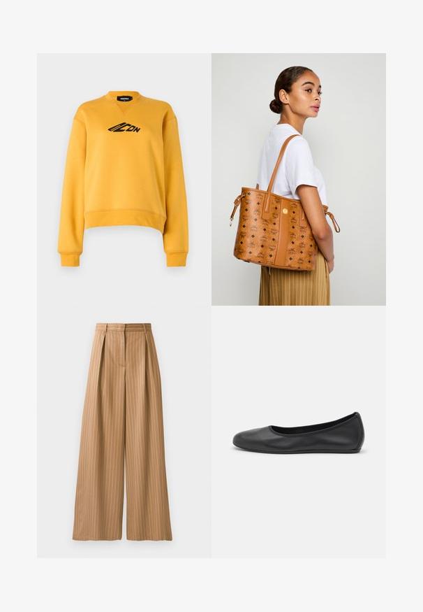 Geel sweatshirt met lange mouwen en een ronde hals. Heeft een zwart logo op de voorkant. Gemaakt van zachte, gestructureerde stof. Verkorte zoom.; Brede broekspijpen in een tan stof met verticale witte strepen. Heeft plooien bij de taille en een zachte textuur.; Zwarte leren ballerina met een ronde neus, gladde textuur, minimale stikdetails en een flexibele zoolontwerp.; Vrouw in een wit shirt en gestreepte broek die een tan leren tote bag met zwarte logo's over haar schouder draagt, zijwaarts gekeerd.