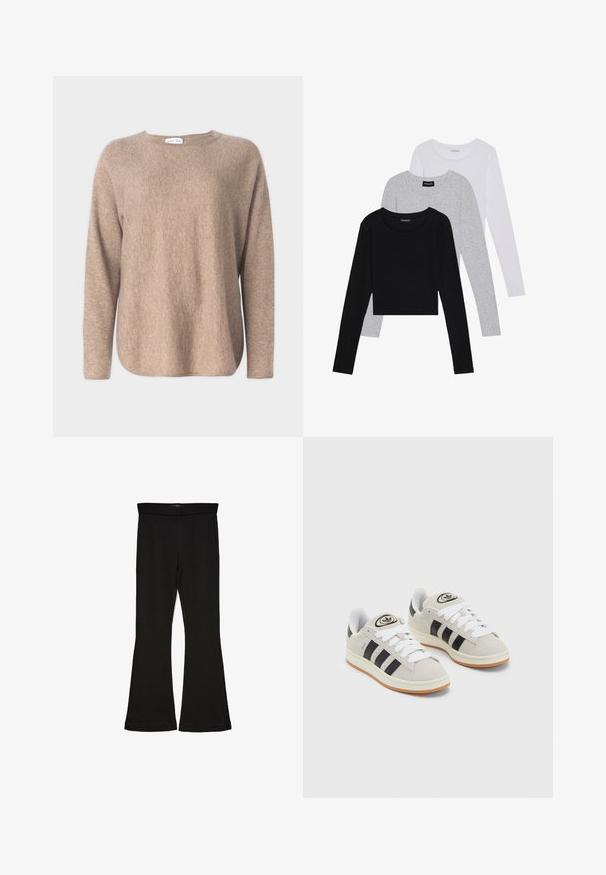 Davida Cashmere CURVED SWEATER - Pullover - mink; Trois hauts à manches longues empilés : noir, gris et blanc. Chacun a un col rond et un design court avec un tissu lisse et léger.; Leggings évasés noirs en tissu extensible. Présentent une taille large et une texture lisse, avec une coupe ajustée qui s'évasent au bas.; Baskets en suède gris avec des lacets blancs, des rayures noires et une semelle en caoutchouc blanc. Présentent un logo circulaire sur la languette et une semelle en gomme.