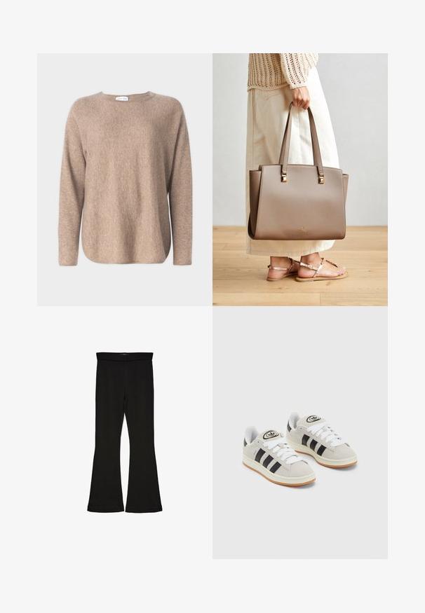 Davida Cashmere CURVED SWEATER - Pulover - mink; Leggings negre cu tiv evazat, realizate dintr-un material elastic. Au o talie largă și o textură fină, cu o siluetă ajustată care se lărgește la tiv.; Adidași din suede gri cu șireți albi, dungi negre și talpă din cauciuc alb. Prezintă un logo circular pe limbă și o talpă din cauciuc.; Geanta tote sintetică de culoare maronie, cu două mânere lungi, accente metalice pătrate și un logo subtil. Purtați cu o fustă crem deschis și sandale.