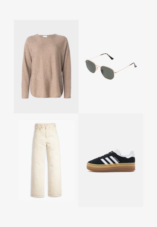 Davida Cashmere CURVED SWEATER - Strickpullover - mink; Beige weite Jeans aus Baumwoll-Denim. Merkmale umfassen eine hohe Taille, Knopfverschluss und Fünf-Taschen-Design. Glatte, langlebige Textur.; Schwarze Wildleder-Sneaker mit weißen Akzenten und drei Streifen, ausgestattet mit einer strukturierten weißen Ferse, Gummisohle und "Gazelle"-Branding.; Goldfarbene Metallrahmen-Sonnenbrillen mit dunkelgrünen Gläsern im Pilotenstil, mit schlanken Bügeln und Schildpatt-Akzenten an den Spitzen.