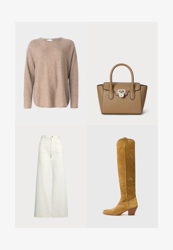 Davida Cashmere CURVED SWEATER - Trui - mink; Wijd-zit jeans van off-white denim. Hooggaande taille met een knoopsluiting, twee voorzakken en contrasterende stikdetails.; Polo Ralph Lauren Cowboy-/Bikerlaarzen - caramel; Lauren Ralph Lauren PEBBLED LEATHER SMALL TANNER SATCHEL - Handtas - camel