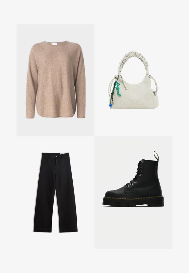 Davida Cashmere CURVED SWEATER - Trui - mink; Zwarte denim broek met wijde pijpen en een hoge taille, voorzien van voor- en achterzakken, gestikte naden en een knoopsluiting. Gladde textuur.; Zwarte leren veterlaarzen tot de enkel met een stevige, geprofileerde rubberen zool en gele stiksels rond het voetbed.; Romige faux leren handtas met geplooide handvat, ritsvak en groene charme. Gladde textuur, ingetogen reliëflogo en strakke vormgeving.