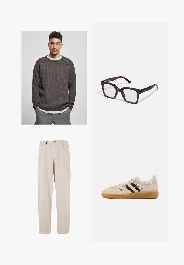 Dunkelbrauner, gerippter Pullover mit rundem Halsausschnitt und Raglanärmeln, über einem weißen Hemd getragen. Die Textur wirkt weich und gemütlich.; Beige Baumwollhose mit geradem Bein, ausgestattet mit Vorderwärtstaschen und einem Knopfverschluss. Glatte Textur mit minimaler Detailierung.; Beige Wildlederschuh mit schwarzen Streifen und "Spezial"-Text, verfügt über eine strukturierte Gummisohle und klassisches Schnürdesign.; Quadratische Sonnenbrillen mit einem Rahmen aus Schildpatt-Acetat und klaren Gläsern. Verfügt über breite Bügel und eine matte Oberfläche, die die Gesamtbeständigkeit erhöht.; Silberfarbener Ring mit einer ovalen, strukturierten Fassung und einem erhöhten dekorativen Element. Filigrane Verzierungen umgeben das zentrale Design.
