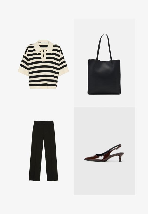 Fekete és krém csíkos, rövid ujjú pólóing álló gallérral és kulcslyuk kivágással elöl. Puha kötött anyag.; Fekete, bő szárú nadrág sima anyagból, melynek kényelmes derékrésze és diszkrét elülső redők adnak extra textúrát.; Barna lakkbőr slingback cipő hegyes orral és mérsékelt sarkal. Biztonságos illeszkedést biztosító csattal rendelkezik. Sima textúra.; Fekete bőrtáska sima felszínnel, téglalap alakú, két hosszú füllel. Nincs látható fémkiegészítő vagy díszítés.