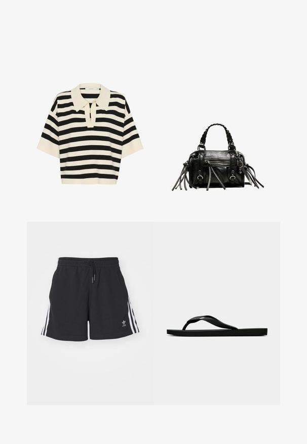Pruhované polo tričko s krátkým rukávem v černé a krémové barvě, s límečkem a klíčovou dírkou vpředu. Měkký pletený materiál.; Černé sportovní kraťasy z bavlněné směsi s bílými bočními pruhy, elastickým pasem se šňůrkou a malým logem na lemu.; Černé gumové žabky s texturovaným páskem a jednoduchou plochou podrážkou, zobrazené z boku na světlém pozadí.; Černá kožená kabelka s pletenými držadly, texturovaným povrchem, přední kapsou na zip a dekorativními třásněmi. Kompaktní a strukturovaný tvar.
