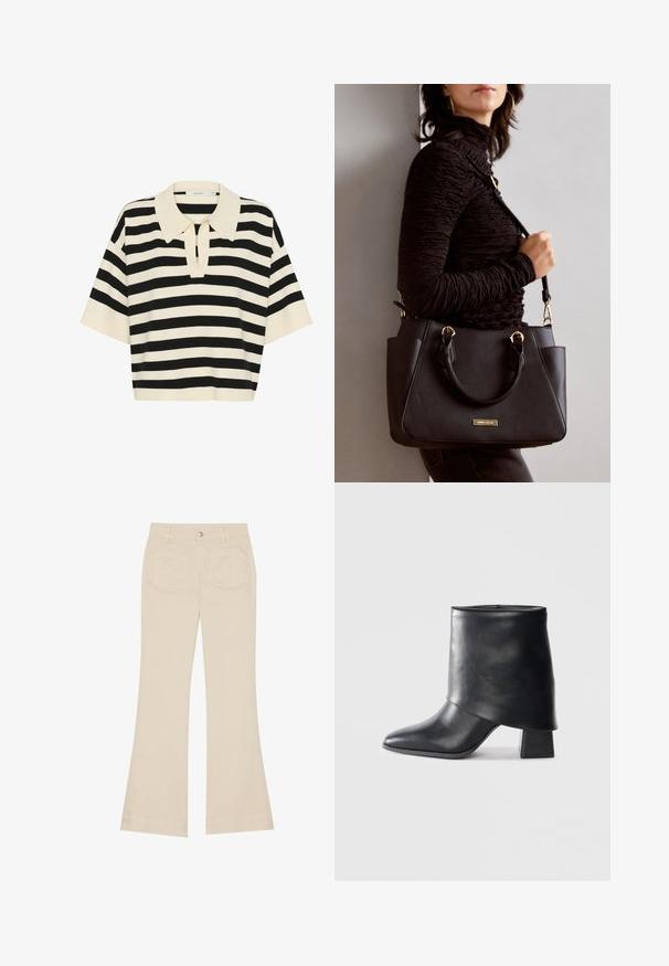Svart og kremstripet kortermet polo skjorte med krage og en nøkkelhullåpning foran. Mykt strikket stoff.; Beige bukse med vide ben og høy midje, laget av bomullsstoff. Har front- og baklommer, beltehemper og en enkel sølvknapp.; Sorte lær ankle boot med spiss tå, glatt tekstur og en strukturert blokkhæl. Har et høyt, brettet mansjett-design.; Svart håndveske med teksturert overflate, doble topphåndtak og justerbar skulderrem. Har detaljer i gulltone og sidelommer.