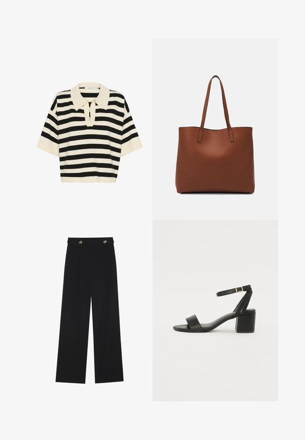 Polo cu mânecă scurtă, rayat în negru și crem, cu guler și o deschidere în formă de lacăt în față. Material moale, tricotat.; Pantaloni negri cu picioare largi, talie înaltă, detalii cu butoane pe talie și pliseuri în față.; Sandale cu toc înalt negre, cu un superior din piele netedă, vârf deschis, curele frontale late și curea pentru gleznă ajustabilă cu detaliu din aur.; Geantă de umăr din piele maro cu o textură netedă, design cu vârf deschis și două curele pentru umăr. Prezintă cusături minime și fără componente metalice vizibile.