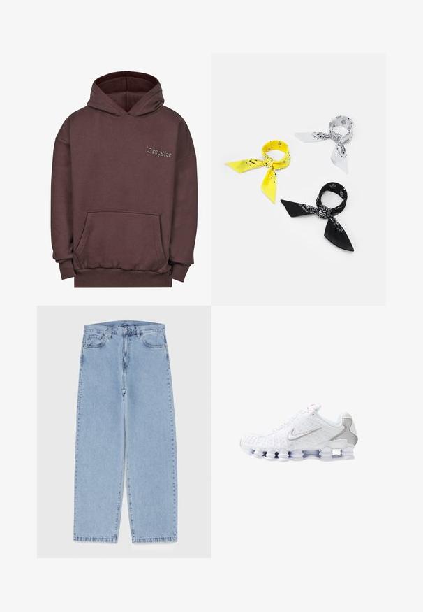 Felpa marrone realizzata in tessuto morbido, con tasca frontale, polsini a costine e cappuccio con cordino. "Dropsize" ricamato in grigio sul petto.; Canotta bianca in cotone con scollatura rotonda, spalline larghe e orlo dritto, caratterizzata da una superficie liscia e senza motivi visibili.; Jeans in denim azzurro chiaro con design a gamba dritta, caratterizzati da una vita media, cinque tasche e chiusura con bottone e zip.; Scarpe da ginnastica bianche con tomaia testurizzata, logo a forma di swoosh argentato, pannelli in mesh e suola bianca segmentata distintiva.; Tre bandane: una gialla con motivi neri, una bianca con disegni neri e una nera con grafiche bianche. Tutte sono quadrate e in tessuto leggero.; Collana in argento con un grande pendente a croce ornato, caratterizzato da dettagli appuntiti e una finitura lucida. La catena è spessa e piatta.