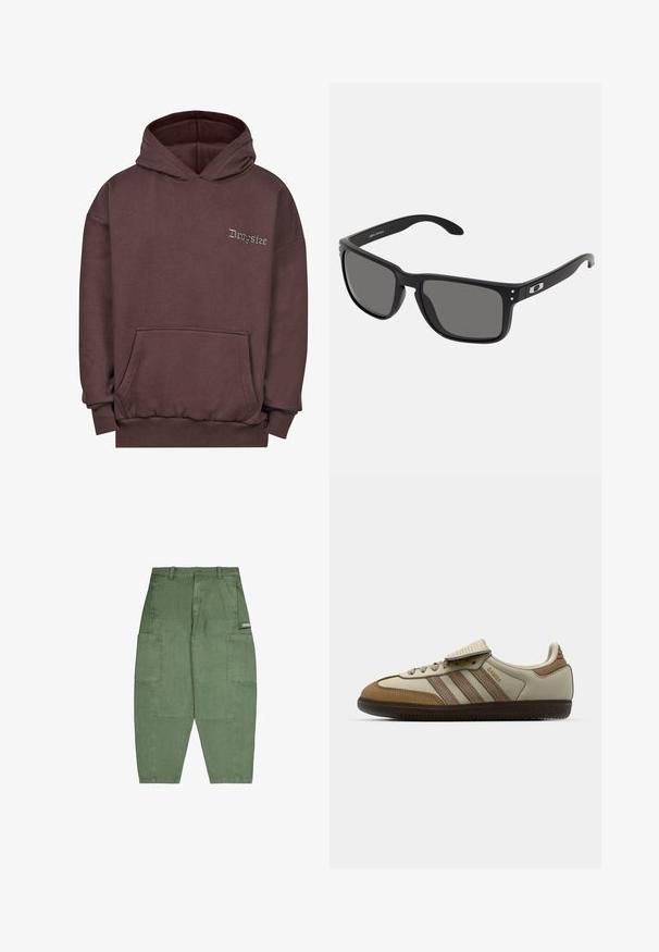 Hoodie marron en tissu doux, avec une poche avant, des poignets côtelés et une capuche avec cordon de serrage. "Dropsize" brodé en gris sur la poitrine.; Bershka SHORT SLEEVE - T-shirt imprimé - white; Pantalons cargo verts en coton, dotés de plusieurs grandes poches, d'une coupe ample et d'une fermeture à bouton à la taille. Texture douce et finition mate.; Chaussure de sport marron et crème avec trois rayures beiges, en daim et cuir, à lacets et avec une semelle en caoutchouc. Logo textuel sur le côté.; Lunettes de soleil noires avec une monture en plastique épaisse, verres gris foncé et de subtils accents métalliques sur les branches. Forme carrée avec une texture lisse.