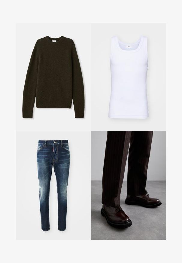 Tumes roheline kootud sviiter ümarate kaeluste, pikkade varrukate ja soonikservadega. Valmistatud pehmest, tekstuuriga villasegusest kangast.; Valge puuvillane golfi särk ilma varrukateta, ümmarguse kaelusega, sileda tekstuuri ja sobiva lõikega, mõeldud igapäevaseks kandmiseks.; Tumedast sinise denimi kitsad püksid, millel on kulunud alad reitel ja põlvedel, viis taskut ning metallne nööpide sulgur.; Pruun nahast nööbitavad kingad läikiva viimistlusega, musta kummist tallaga ja peene tikandiga. Kanda pinstriped pruunide pükstega.