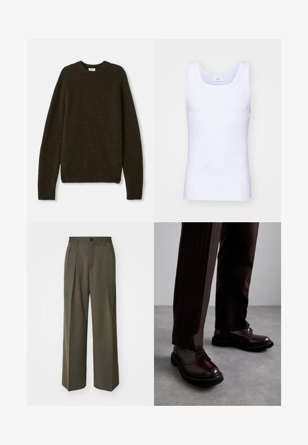 Tmavo zelený pletený sveter s okrúhlym výstrihom, dlhými rukávmi a rebrovanými lemami. Vyrobený z mäkkej, textúrovanej zmesi vlny.; Biela bavlnená tielko bez rukávov s okrúhlym výstrihom, s hladkou textúrou a priliehavým strihom, navrhnuté pre neformálne nosenie.; Filippa K WIDE TROUSERS - Nohavice - driftwood; Hnedé kožené šnurovacie topánky s lesklým povrchom, čierna gumová podrážka a jemné švy. Nosené s hnedými prúžkovanými nohavicami.
