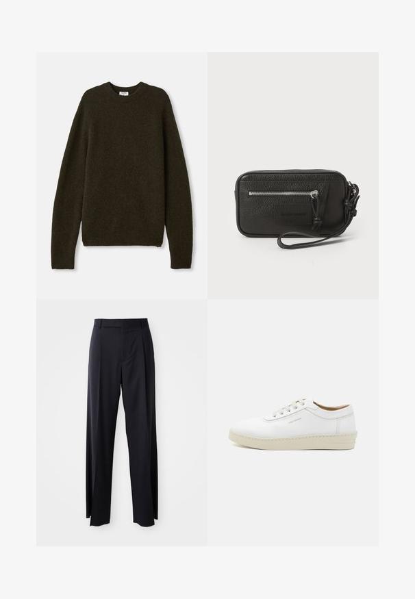 Dunkelgrüner Strickpullover mit Rundhalsausschnitt, langen Ärmeln und gerippten Säumen. Hergestellt aus weichem, strukturiertem Wollmischgewebe.; Schwarze, hoch taillierte Hose mit weitem Bein, aus glattem Stoff. Verfügt über vorne gelegte Falten und Gürtelschlaufen. Minimalistisches Design, ohne sichtbare Beschläge.; Weißes Leder-Sneaker mit strukturiertem Finish, runder Zehenpartie, beiger Gummisohle und sechs grauen Schnürlochösen, mit dezenten Markenzeichen an der Seite.; Schwarze Leder-Clutch mit strukturiertem Oberflächen, Vorderseite mit Reißverschlusstasche und abnehmbarem Handgelenkriemen. Fällt durch ein Logo-Patch auf der Vorderseite auf. Rechteckige Form.