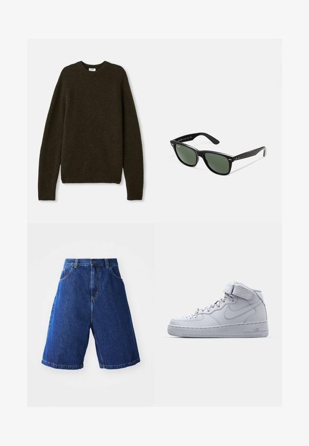 Tumes roheline kootud sviiter ümarate kaeluste, pikkade varrukate ja soonikservadega. Valmistatud pehmest, tekstuuriga villasegusest kangast.; Sinise pesu denim lühikesed püksid, kõrge vöökohaga, kahe esipocketiga ning kollase õmblusega õmblustel.; Halluxi hallid hallid Nike Air Force 1 tossud, nahast pealisega, pehmendatud krae ja Velcro rihm. Ikooniline disain sisaldab perforatsiooniga varbakohta.; Mustad mustan plastiku prillid roheliste läätsedega, ruudukujulised raamid, hõbedane aksent kulmude peal ja tekstuuriga tempelkäed. Brändi nimi on märgitud sisevarrele.