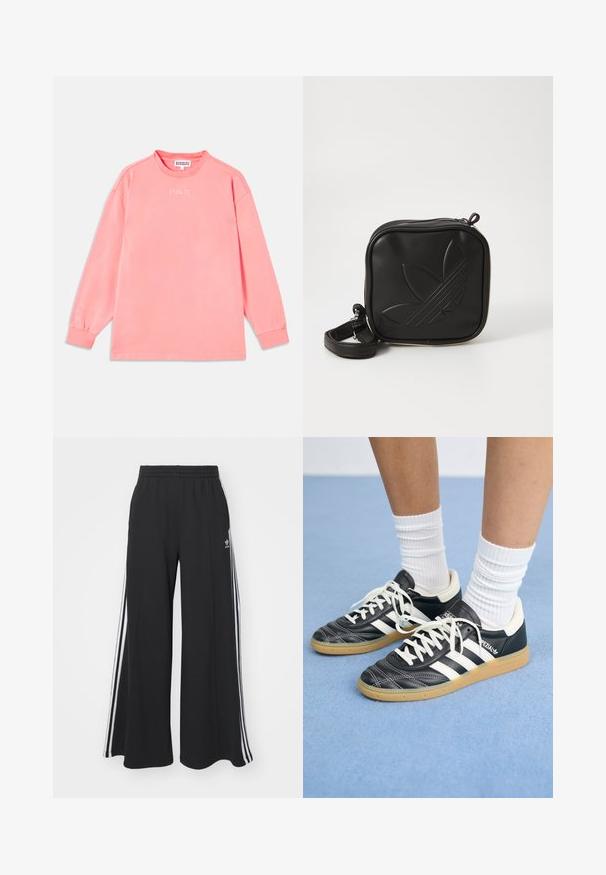 Halenka s dlouhým rukávem v korálově růžové barvě, vyrobená z jemné látky. Má kulatý výstřih a elastické manžety, na hrudi je potisk "STIEGLITZ".; Černé pohodlné tepláky širokého střihu s elastickým pasem, na boční straně s bílými pruhy a vyšitým logem na levé stehně.; Černé kožené tenisky s bílými pruhy, kulatou špičkou, bílými tkaničkami a gumovou podrážkou. Zvýrazněno polstrovaným límcem a detaily s logem.; Černá crossbody taška vyrobená z texturovaného syntetického materiálu. Obsahuje embosované logo a nastavitelné popruhy. Zapínání na zip.