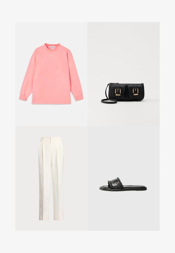Hosszú ujjú, korallszínű póló, puha anyagból készült. Kerek nyakú, rugalmas mandzsettákkal, a mellkason pedig "STIEGLITZ" felirattal.; Polo Ralph Lauren HEMP WIDE LEG PANT - Nadrágok - nevis; Fekete bőr szandál szőtt pánt részlettel, lapos talppal és letisztult dizájnnal. Sima textúra és minimalista profil.; Fekete bőr keresztbody táska két elülső zsebbel, arany csattokkal, cipzáras záródással és vékony pánttal. Textúrált felület és kompakt téglalap alak.