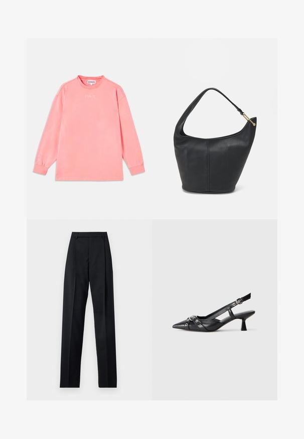 Long-sleeve shirt in coral pink, made of soft fabric. Features a round neckline and elasticated cuffs with "STIEGLITZ" printed on the chest.; Black trousers made from smooth fabric featuring a high waist, wide legs, front pleats, and classic belt loops. No side pockets visible.; Black leather slingback shoe with a pointed toe, decorative straps featuring metal eyelets, and a low block heel. Textured surface.; Black leather handbag with a rounded shape, a wide strap, and a textured finish. Features a subtle seam detail and a gold-tone hardware accent.