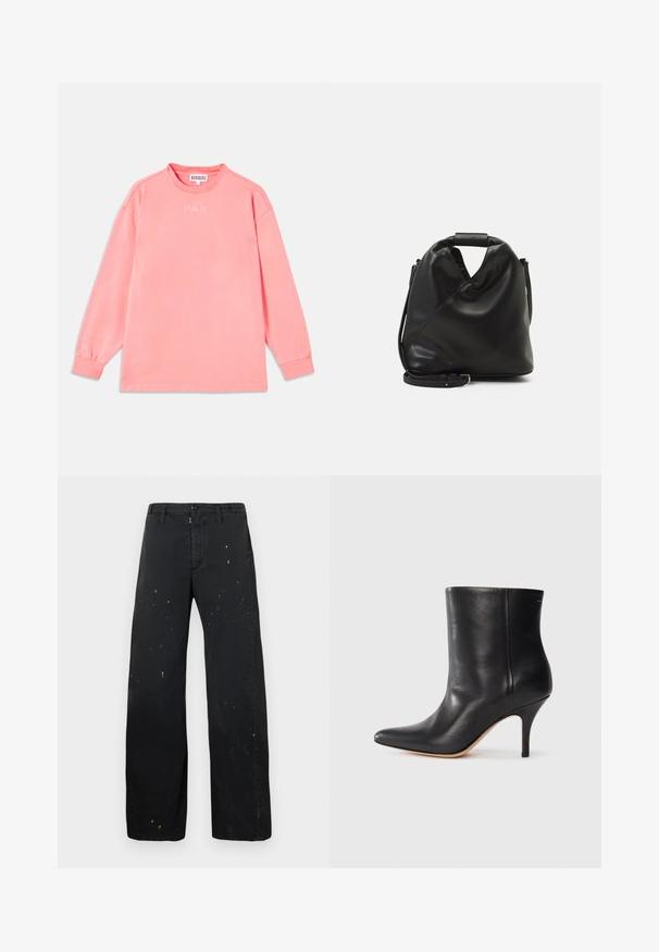 Ilga rankovė marškiniai koralų rožinės spalvos, pagaminti iš minkštos medžiagos. Su apvalia apykakle ir elastingomis rankovių galuose, krūtinėje yra atspaustas užrašas "STIEGLITZ".; MM6 Maison Margiela PANTS - Laisvo kirpimo džinsai - black; Juodos odinės kulkšninių botų su smailiu nosiu, siauru stiletto kulnu ir lygia tekstūra. Minimalistinis dizainas, be matomų aparatūros ar akcentų.; Juodas, minkštas odinis krepšys su unikaliu išsuktiniu dizainu. Yra trumpas rankenas ir nuimamas peties diržas. Minimalistinis stilius.