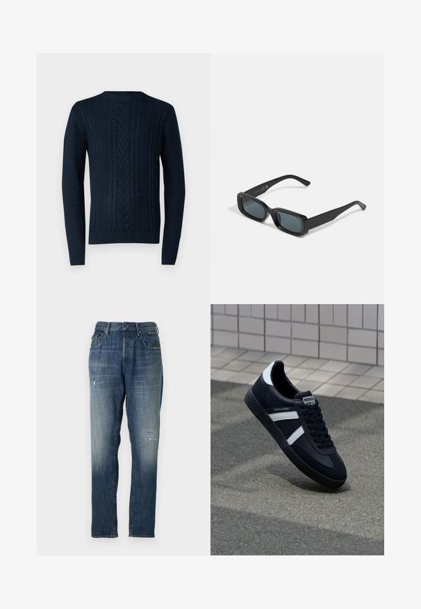 Granatowy sweter dzianinowy z wzorami w warkocze, standardowym okrągłym dekoltem oraz prążkowanymi mankietami i dolnym brzegiem. Wykonany z teksturowanej przędzy.; Dżinsy z denimu w wyblakłym niebieskim kolorze, o prostym kroju nogawki, umiarkowanym przetarciu z przodu oraz klasycznym pięciopocketowym stylu.; Czarne skórzane sneakersy z białymi paskami, teksturowana gumowa podeszwa i sznurowane z przodu. Posiadają metkę marki na języku.; Czarne prostokątne okulary przeciwsłoneczne z ciemnymi soczewkami. Błyszcząca oprawka, proste ramiona z lekkim zakrzywieniem. Minimalistyczny design, bez ozdób.