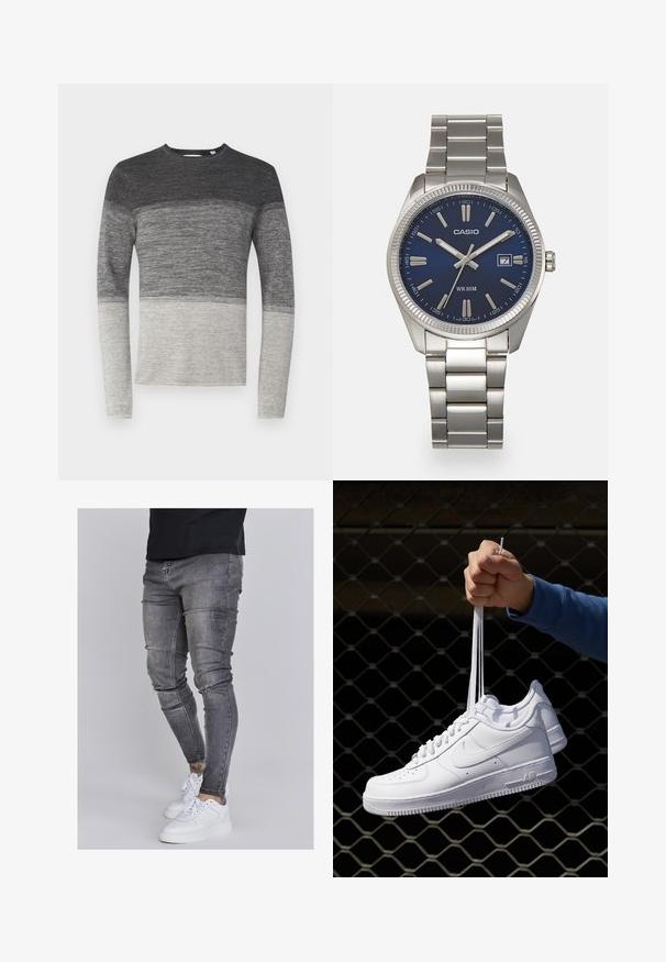 Grauer langärmeliger Pullover mit einem Farbblockdesign. Verfügt über eine Stricktextur, die von dunkelgrau am oberen Teil zu hellgrau am unteren Ende übergeht.; Schlanke Jeans aus ausgebleichtem grauem Denim, mit abgenutzten Details an den Knien, kombiniert mit weißen Sneakers. Glatte Textur, schlanker Schnitt.; Weiße Leder-Sneaker mit Perforationen, runder Zehenpartie, flacher Sohle und dicken Schnürsenkeln, mit sichtbar eingesticktem Swoosh-Logo und "AIR" an der Ferse.; Silberner Armbanduhr aus Edelstahl mit einem dunkelblauen Zifferblatt, metallischen Stundenmarkierungen und einem Datumsfenster bei 3 Uhr. Wasserdicht bis 50 Meter.