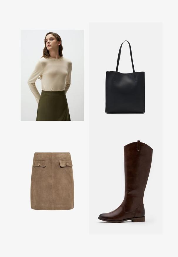 Beżowy sweter z długim rękawem, okrągłym dekoltem i dzianinową teksturą, w połączeniu z oliwkowozieloną spódnicą, charakteryzującą się gładkim wykończeniem i dopasowanym krojem.; Brązowa zamszowa mini spódnica o gładkiej fakturze, z dwiema przednimi kieszeniami na klapki oraz zapięciem na guziki po obu stronach. Prosty, prosty krój.; Brązowe botki za kolano wykonane z gładkiej skóry, z zaokrąglonym noskiem, niskim, klejonym obcasem oraz subtelnym wzorem przeszyć po bokach.; Czarna skórzana torba tote o gładkiej fakturze, prostokątnym kształcie i dwóch długich uchwytach. Brak widocznych elementów metalowych i ozdób.