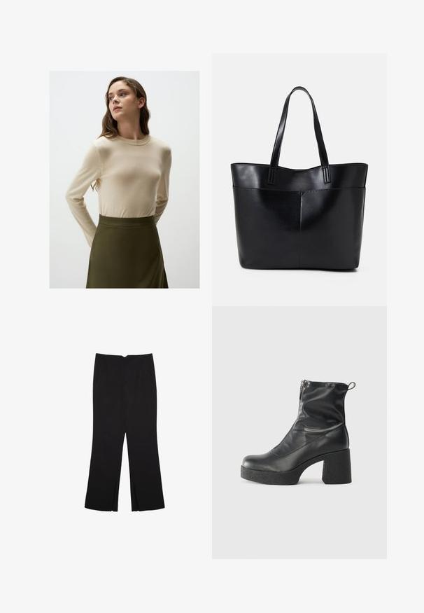 Beżowy sweter z długim rękawem, okrągłym dekoltem i dzianinową teksturą, w połączeniu z oliwkowozieloną spódnicą, charakteryzującą się gładkim wykończeniem i dopasowanym krojem.; Czarne spodnie o prostym kroju, z przednimi kieszeniami i bocznymi rozcięciami na dole. Wykonane z miękkiego, gładkiego materiału. Odpowiednie na różne okazje.; Czarne botki za kostkę wykonane z gładkiej skóry, wyposażone w boczny zamek błyskawiczny, masywny teksturowany obcas oraz zaokrąglony czubek.; Czarna skórzana torba na ramię z dwoma długimi uchwytami, gładką teksturą i sztywną formą. Posiada przednią kieszeń dla dodatkowego przechowywania.