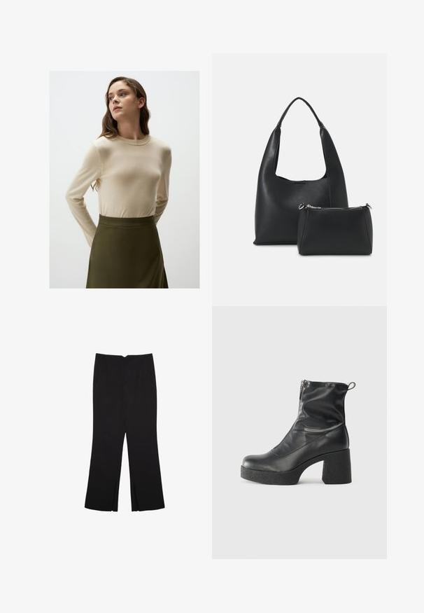 Beige Pullover mit langen Ärmeln, Rundhalsausschnitt und Strickstruktur, kombiniert mit einem olivgrünen Rock, der eine glatte Oberfläche und eine taillierte Passform aufweist.; Schwarze Hose mit geradem Schnitt, ausgestattet mit Fronttaschen und Seitenschlitzen am Saum. Hergestellt aus weichem, glattem Stoff. Geeignet für verschiedene Anlässe.; Schwarze Stiefeletten aus glattem Leder mit seitlichem Reißverschluss, klobigem strukturiertem Absatz und runder Zehenform.; Even&Odd Handtasche - black