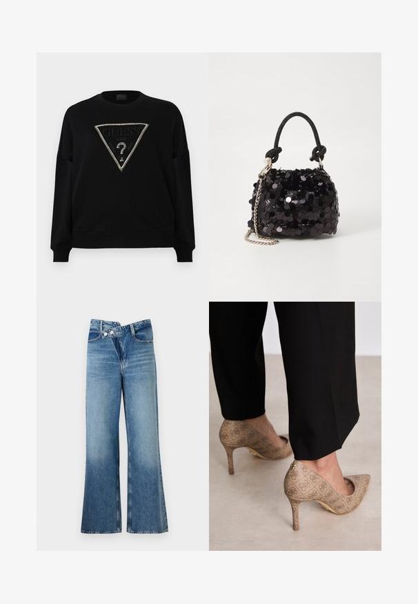 Mustmustelane särk, millel on kolmnurkne kaunistatud logo, mis on kaunistatud rhinestone'idega. Valmistatud pehmest kangast, on sellel ümmargune kaelus ja soonikkoes mansetid.; Heledad sinise denimi laienevad teksad kõrge vöökohaga, millel on kaks nööpi ja eesnahk. Kangas on tuhm tekstuuriga, kus on kergeid varieeruvaid toone.; Beige kõrged kontsad, mis on valmistatud tekstureeritud kangast, millel on korduv muster. Terava nina disain tagakülje aktsendi ja kuldse kontsiga.; Must have mustrõngus mustal sädelev mini käekotil on sõlme tekstuuriga rihm ja hõbedane ketis. Ümar kuju, kokku kogutud ülaosa ja peegeldav detail.