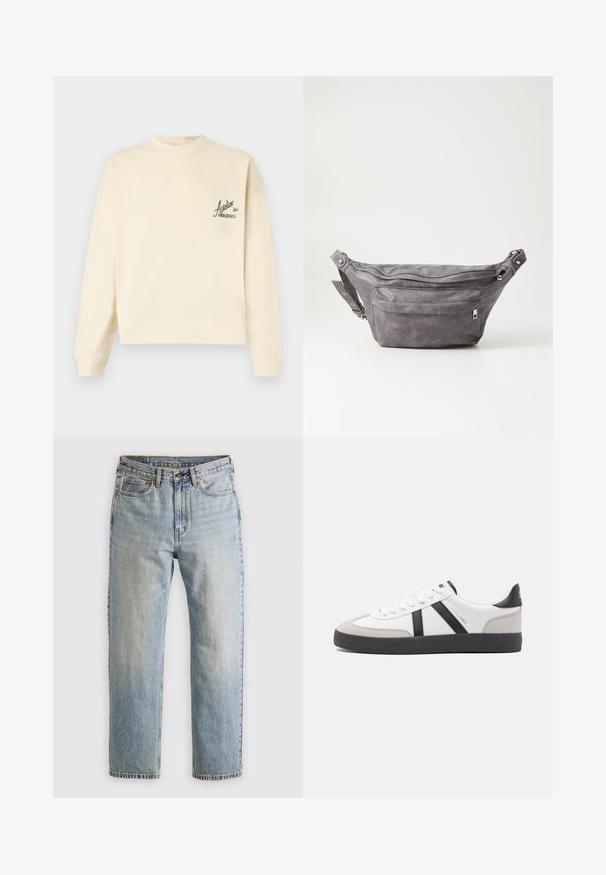 Krémová mikina vyrobená z měkké látky, s kulatým výstřihem a malým černým potiskem loga na levé straně hrudi. Hladké žebrované manžety a lem.; Svetle modré džíny z denimu s vysokým pasem, předním knoflíkem, zipem a designem s pěti kapsami, ležící rovně na neutrálním pozadí.; Bílé tenisky s černými a šedými akcenty, opatřené texturovaným šedým prstovým krytem, černou gumovou podrážkou a plochými bílými tkaničkami. Čistý design, minimalistický styl.; Šedý semišový ledvinka s kulatým tvarem, dvěma zipovými přihrádkami a nastavitelným popruhem. Obsahuje kovové akcenty.