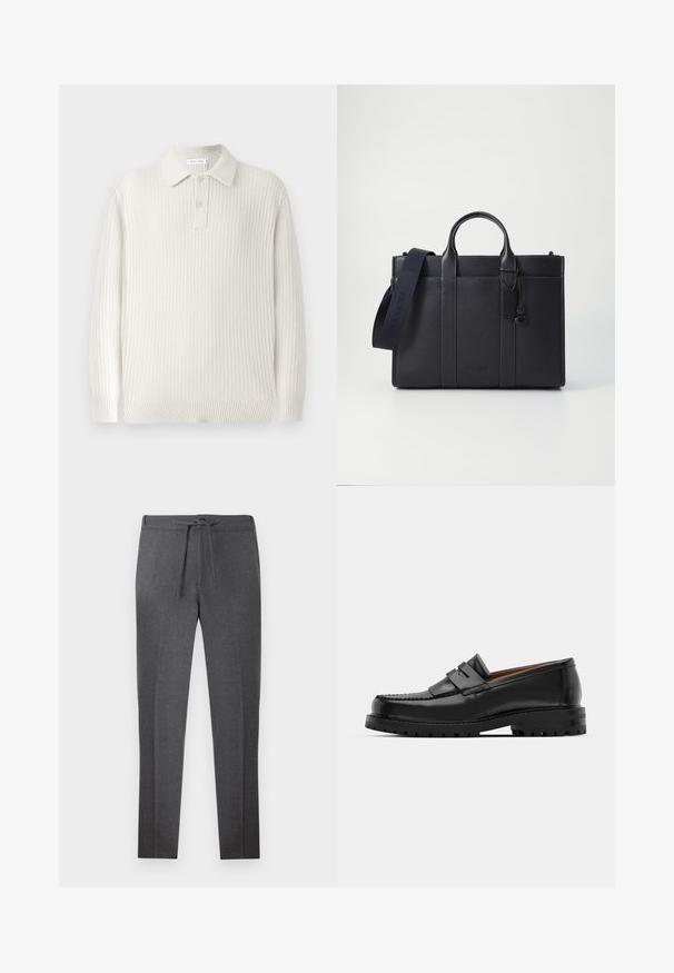 Pull polo en tricot beige clair avec texture côtelée, un col et deux boutons. Présente des manches longues et un ourlet ajusté.; Pantalons fuselés gris foncé avec une taille élastique et un cordon de serrage, dotés de plis subtils sur le devant.; Des mocassins en cuir noir présentent une couture surélevée, deux sangles décoratives sur le dessus et une semelle épaisse et texturée pour une meilleure adhérence.; Malette en cuir bleu marine foncé avec deux poignées supérieures et une sangle détachable. Présente une finition texturée, des coutures verticales et un détail de logo.