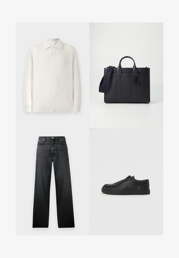 Svetlo béžový pletený polokošeľový sveter s rebrovanou textúrou, golierom a dvoma gombíkmi. Má dlhé rukávy a priliehavý lem.; Čierne džíny z denimu so strihom rovného nohavicu, s piatimi vreckami a zapínaním na gombík. Tkanina má jemný lesk a viditeľnú štruktúru.; Čierna kožená slip-on obuv s okrúhlou špičkou, prešívaním a čiernou gumovou podrážkou. Hladký povrch s minimalistickým dizajnom.; Tmavomodrá kožená aktovka s dvoma hornými uchami a odnímateľným popruhom. Disponuje textúrovaným povrchom, vertikálnym prešívaním a detailom loga.