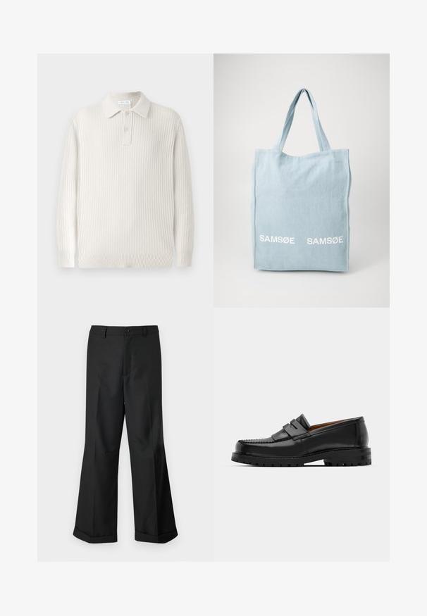 Lys beige strikket polo sweater med ribbet tekstur, en krave og to knapper. Har lange ærmer og en tætsiddende kant.; Sorte vide benbukser med knappet talje og opslåede ben, præsenteret mod en ensfarvet hvid baggrund.; Sorte læder loafers har en forhøjet søm, to dekorative remme på overdelen og en tyk struktureret sål for bedre greb.; Lyseblå canvas tote bag med to hvide "SAM SøE" logoer. Har to robuste håndtag og et enkelt rektangulært design.