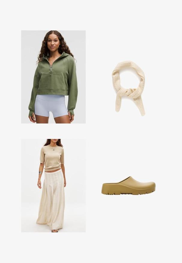 Młoda kobieta z kręconymi włosami, ubrana w oliwkowo-zieloną krótką bluzę z kapturem i białe sportowe szorty wysokiej talii, stoi na jednolitym tle.; Beżowy, dziany top z krótkim rękawem połączony z długą, zwiewną kremową spódnicą z pionowymi fałdami i gładką fakturą.; Żółty gumowy klapek o gładkiej powierzchni, otwartym tyle i grubej, teksturowanej podeszwie z poziomymi rowkami. Zaprojektowany z myślą o komforcie i trwałości.; Szydełkowany szal w kolorze kremowym z fakturowanym wzorem małych otworów. Posiada skręconą strukturę, tworząc pętlę z dwoma zwisającymi końcami.