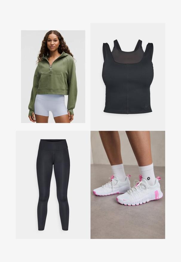 Jauna moteris su garbanotais plaukais, vilkinti aliejaus žalumo trumpą gobtuvą ir baltas aukšto liemens sportines šortus, stovi prieš vienodą foną.; Juodas sportinis liemenukas su prigludusia forma, plačiomis petnešomis ir tinklo apdaila priekyje. Lygus paviršius ir minimalūs siūlai. Nike logotipas apačioje.; Juodos leggingos, pagamintos iš lygios, tamprios medžiagos. Aukštas liemuo, be matomų raštų ar akcentų. Tvirtai priglunda prie kūno nuo liemens iki kulkšnies.; Baltos sportinės bateliai su rožiniais akcentais, aerodinamiškas dizainas, tekstūruotas tinklinis viršus ir lankstus gumos padas. Apima logotipą ir kilpą.