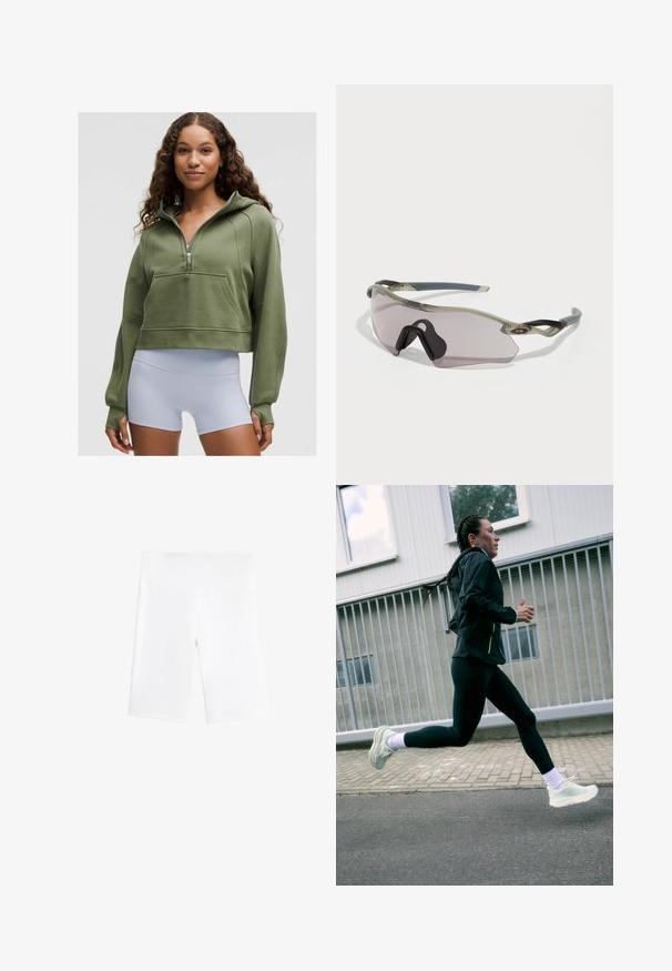 Ung kvinna med lockigt hår iförd en olivgrön kort hoodie och vita högmidjade träningsshorts, stående mot en enfärgad bakgrund.; Vita cykelshorts i stretchigt material, med resårmidja och en slät, sömlös design. Längd till mitten av låret.; Löparskor i ljusgrön med texturerad sula, kombinerat med svarta leggings och en svart jacka. Löpande person är i mellansteg på en asfalterad yta.; Solisar med en genomskinlig grå ram, tonade linser och en kantig design. Har en distinkt näsdel och strukturerade i mörkgrå bågar.