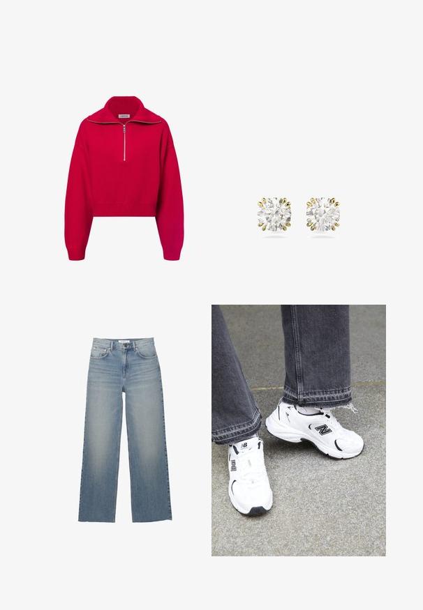 Rode cropped trui met een hoge, ribbelige kraag en een zilveren halve rits. Gebreide textuur met brede mouwen en een aansluitende onderrand.; Lichtblauwe wijdleg jeans van denim, met een hoge taille, voorzakken en een knoopsluiting. Soepele textuur met vervaagde gebieden.; Witte New Balance sneakers hebben een bovenwerk van mesh en synthetisch materiaal met zwarte accenten. Draag ze met grijze jeans met rafels aan de onderkant op een gestructureerde ondergrond.; Diamant oorstekers met ronde stenen, gezet in zes-voudige gele gouden zettingen, met een transparante, sprankelende oppervlakte.